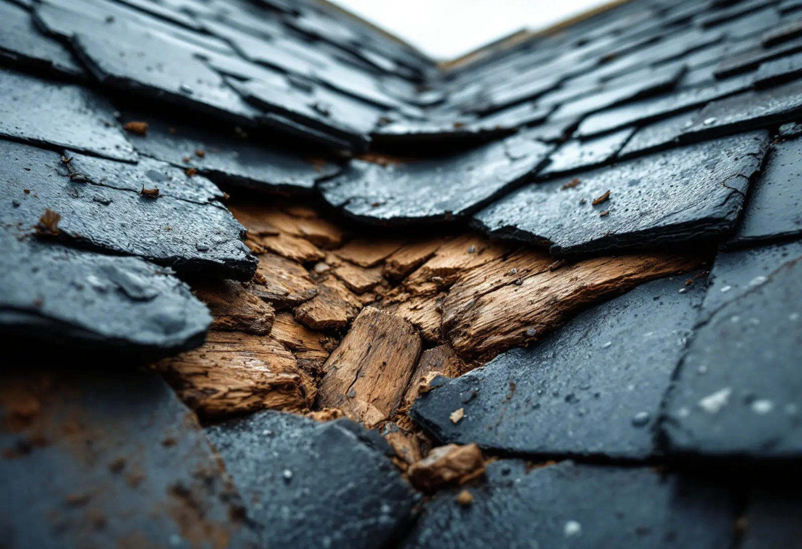 Toiture en ardoise d'une maison de ville mancelle après un coup de vent, plusieurs ardoises manquantes sous un ciel gris.